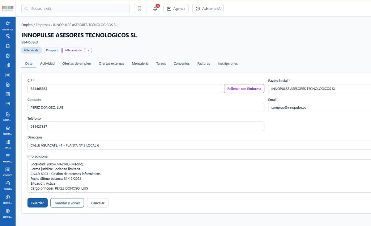 Ficha de empresa colaboradora con sus datos