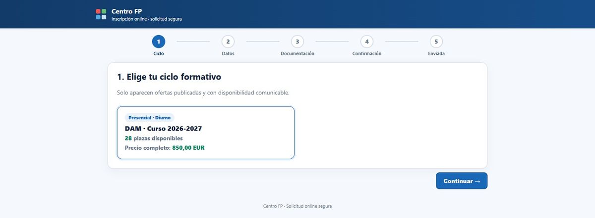 Primer paso de la solicitud online: elegir ciclo formativo