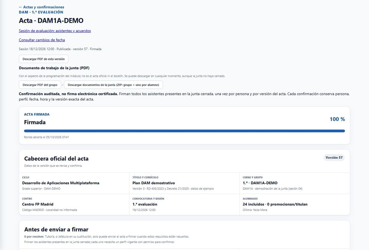 Detalle de un acta de evaluación con su cabecera oficial y la descarga en PDF
