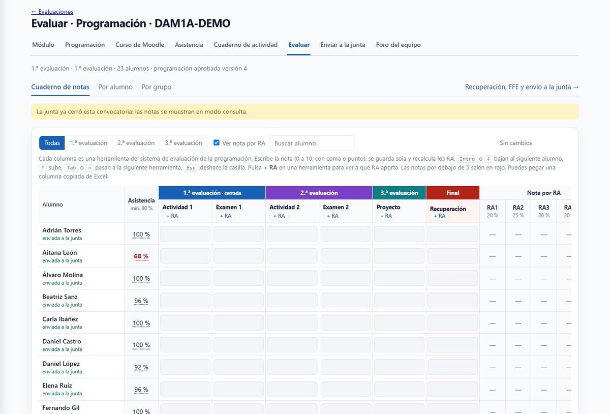 Cuaderno del docente con las columnas por evaluación, los instrumentos y la nota de cada alumno