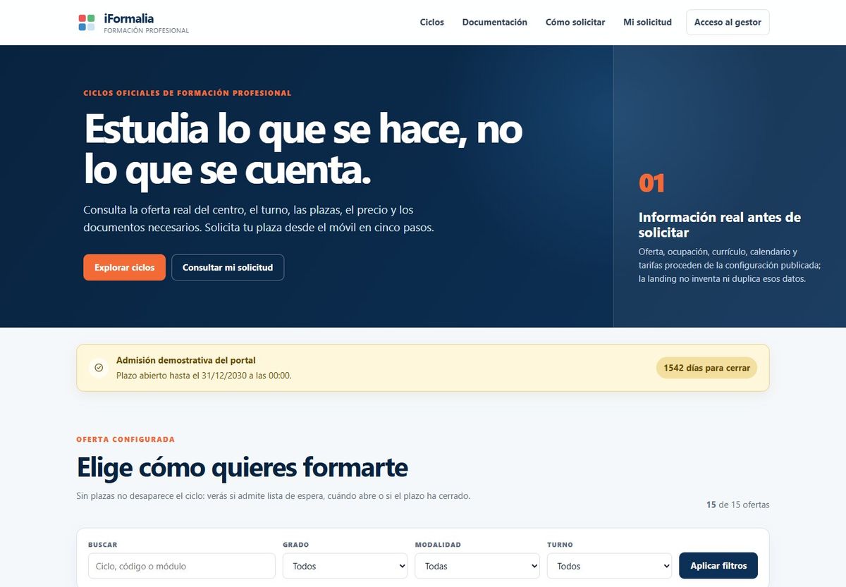 Web pública de admisión con la oferta del centro y su buscador de ciclos