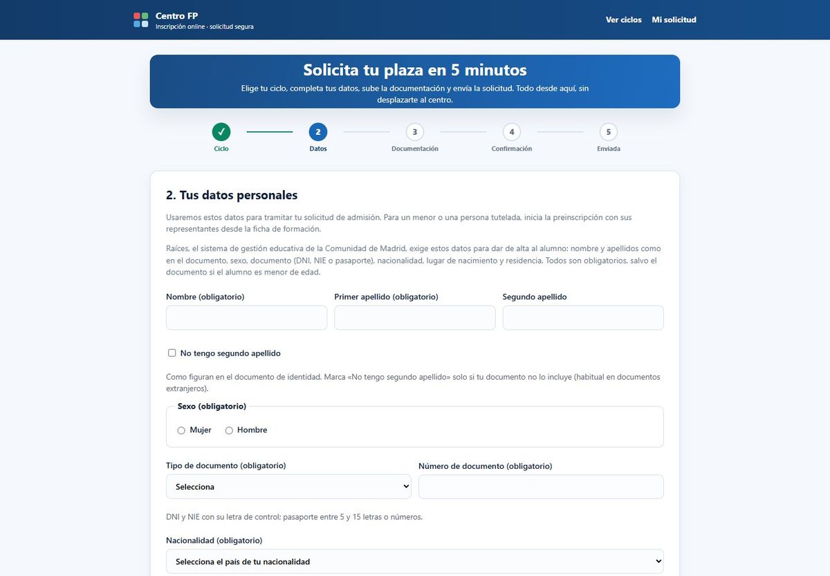 Paso de datos personales de la solicitud online