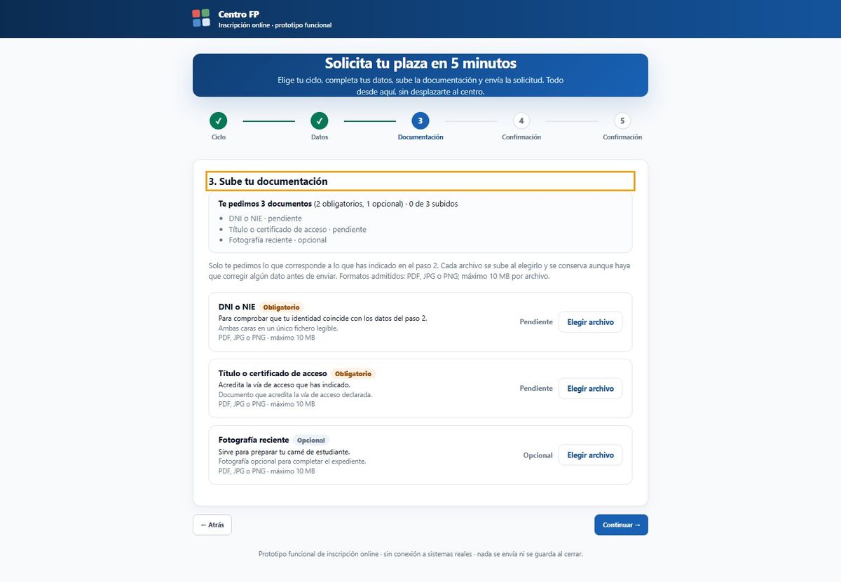 Paso de documentación con cada documento, su motivo y su estado