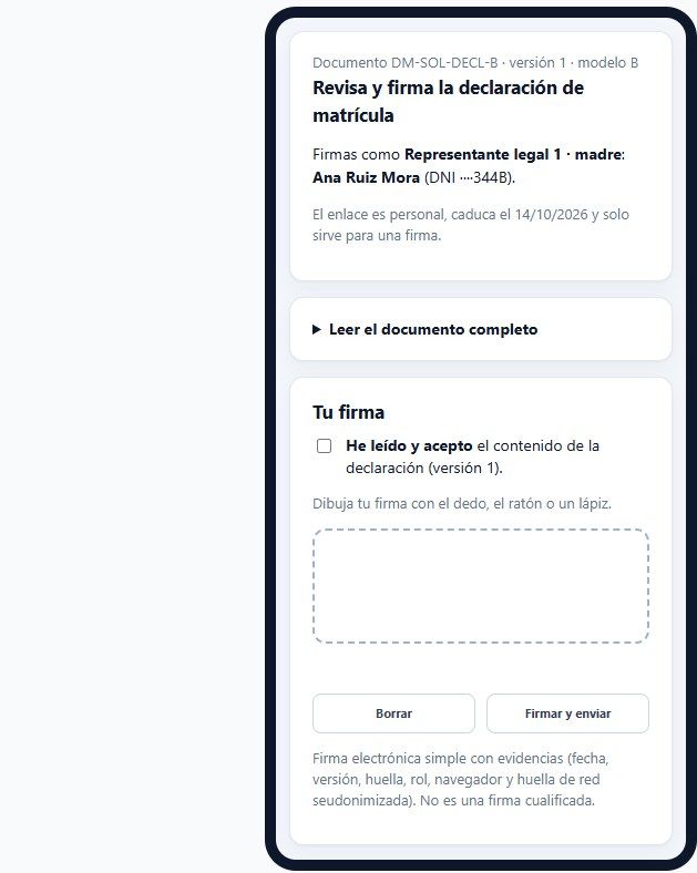Firma de la declaración de matrícula desde el móvil, con el lienzo de firma