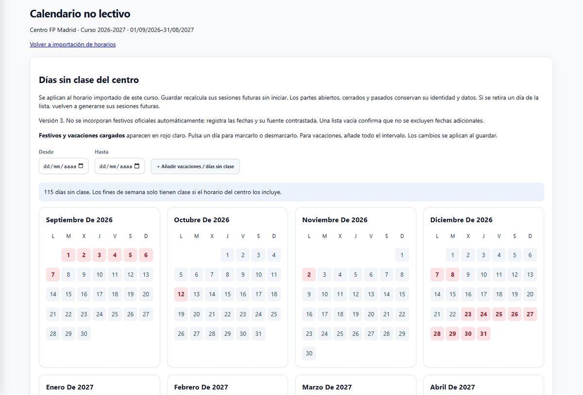 Calendario del curso con los días lectivos y no lectivos marcados