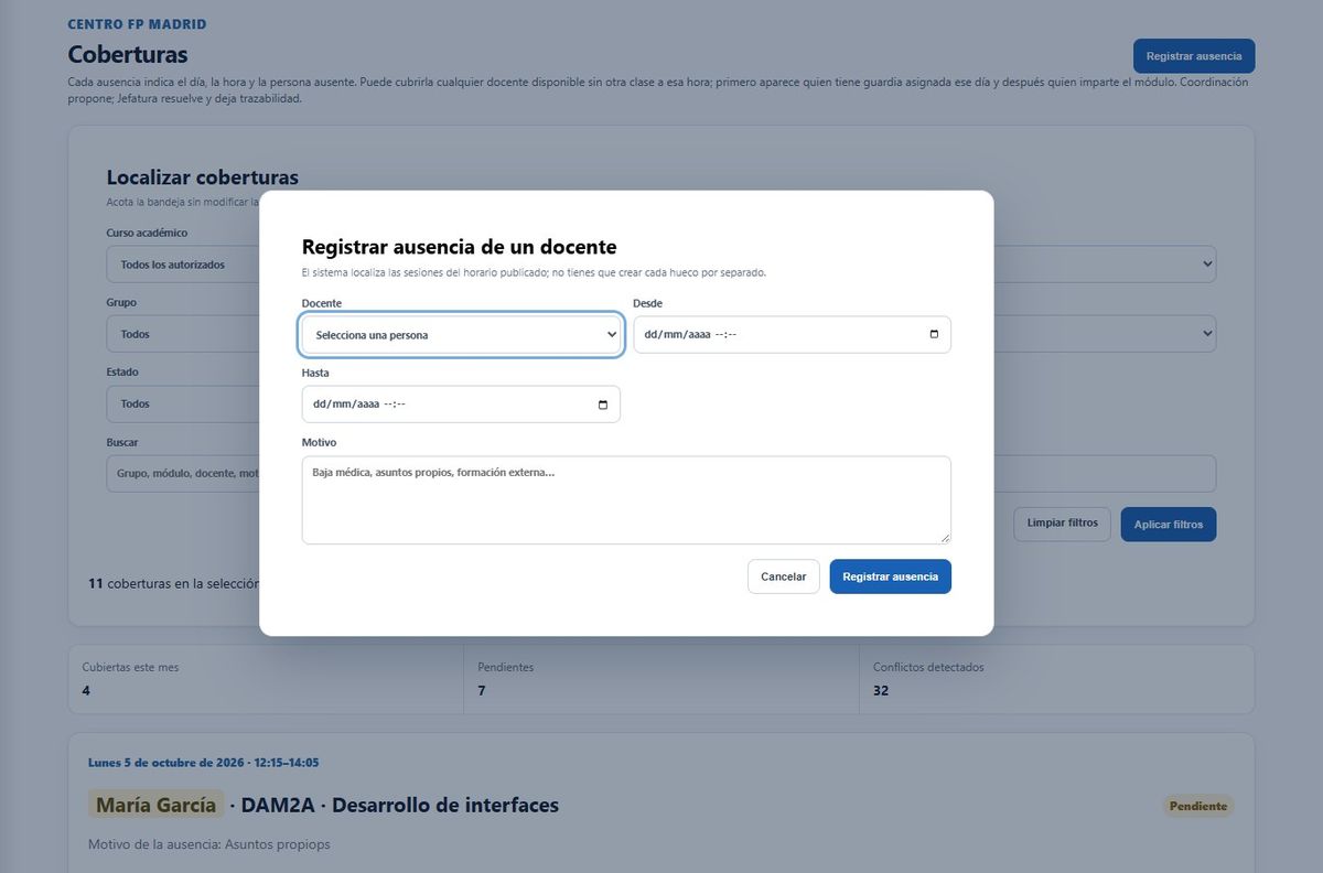 Formulario para registrar la ausencia de un docente con su intervalo y motivo