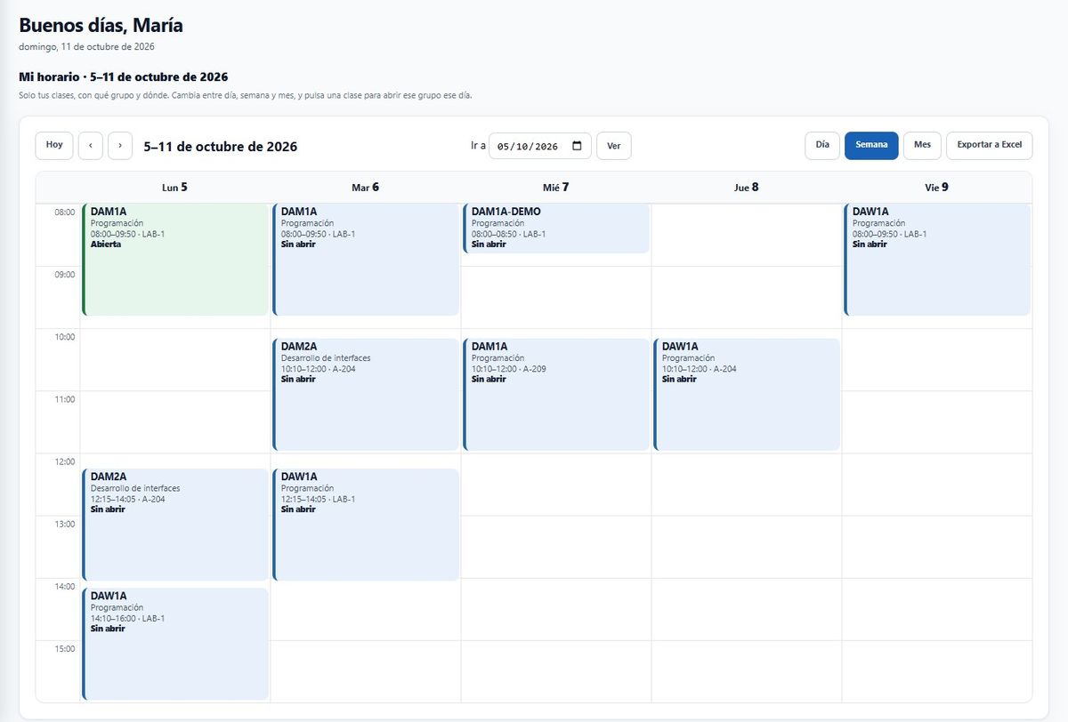 Agenda semanal de un docente con sus clases y el estado de cada sesión