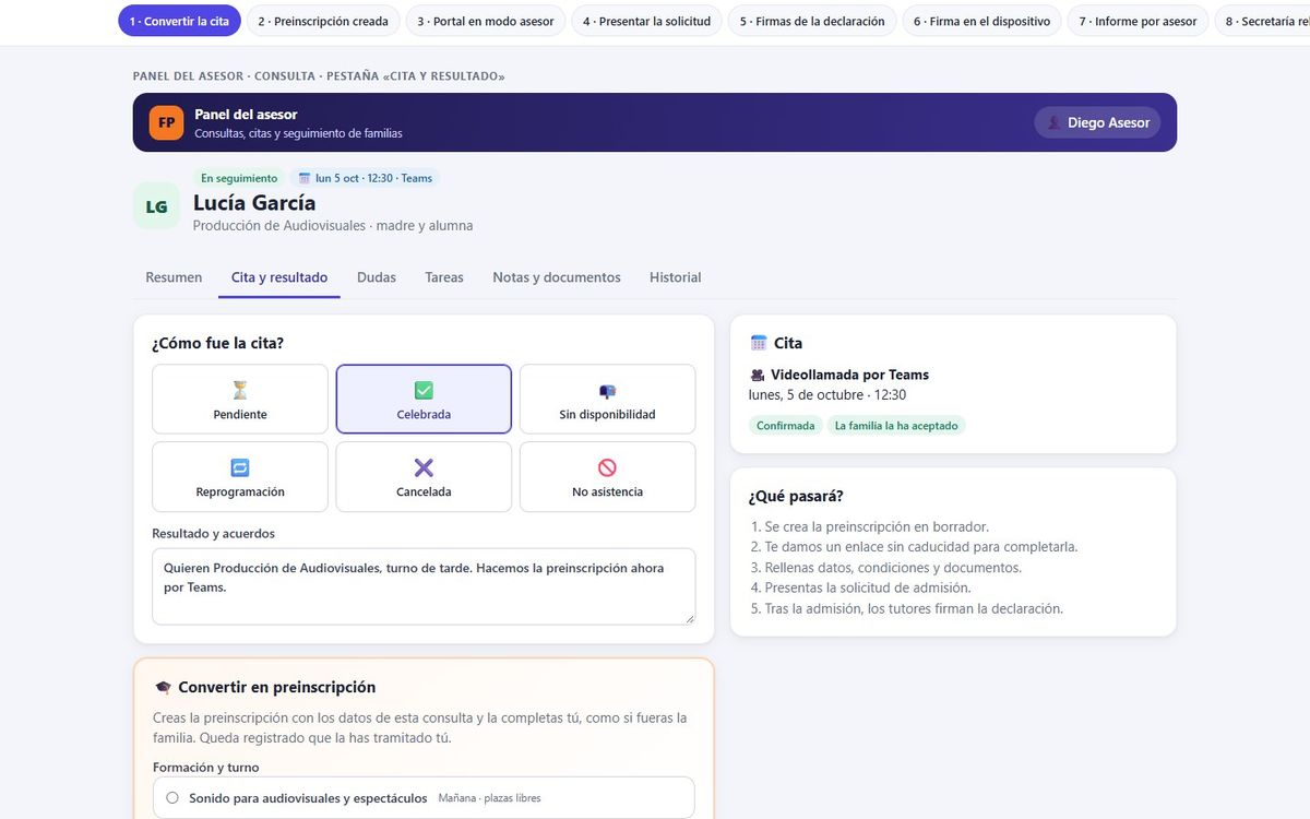 Panel del asesor con la cita, su modalidad y el resultado del contacto