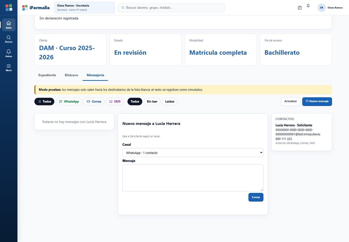 Mensajería del expediente con sus canales y contactos autorizados