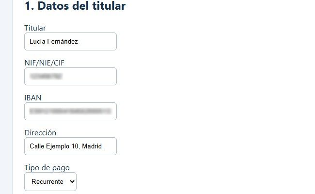 Formulario de mandato de domiciliación con los datos del titular