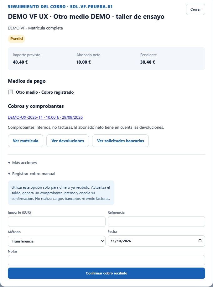 Ficha de un cobro parcial con su saldo y sus movimientos