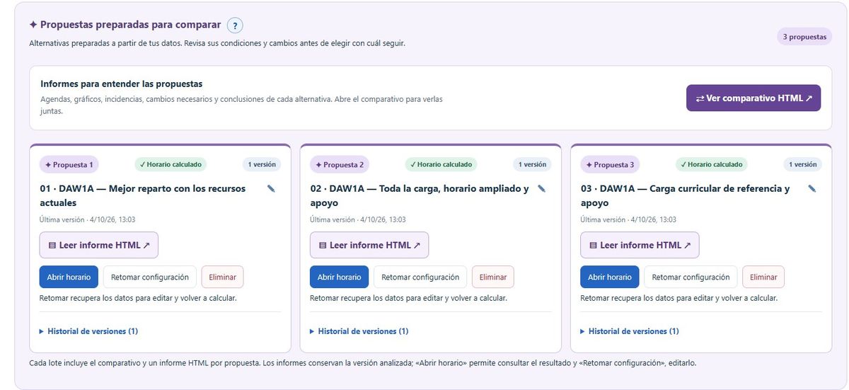 Tres propuestas de planificación calculadas, cada una con su informe y su horario