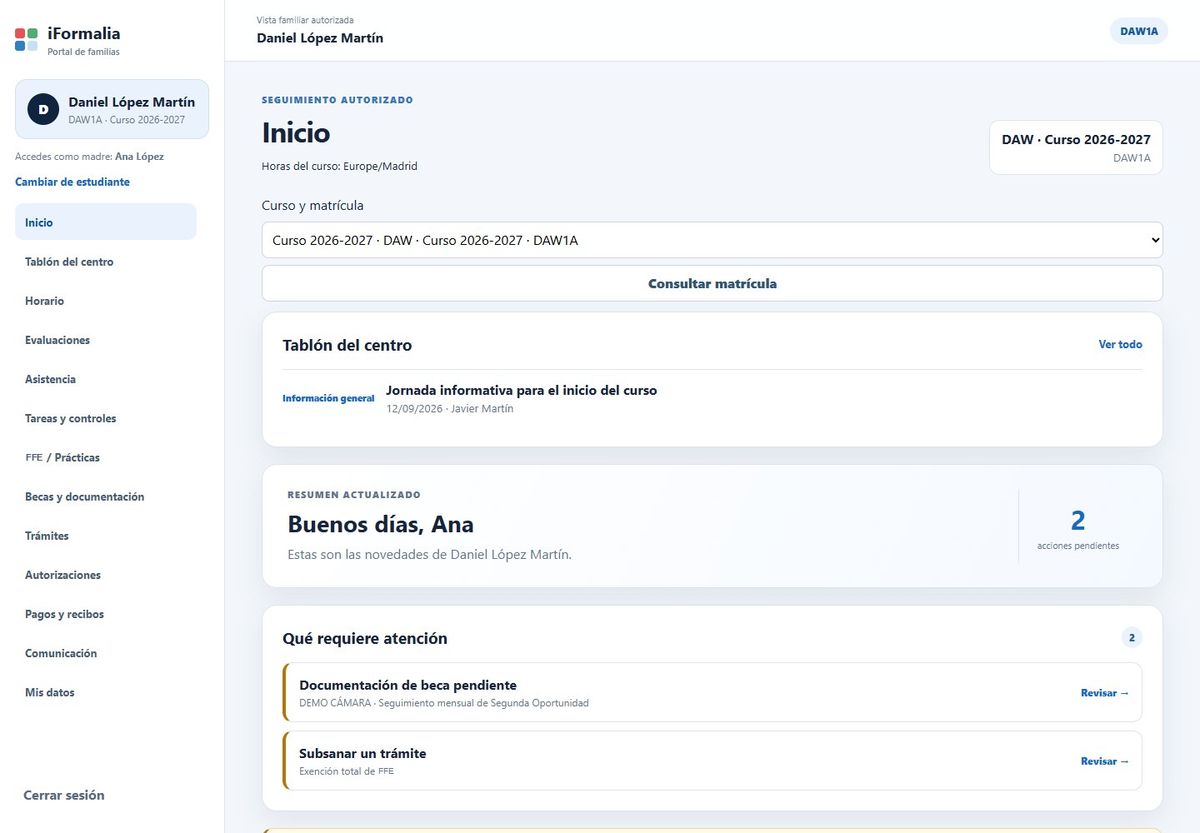Portal de familias con el tablón del centro y los avisos que requieren atención
