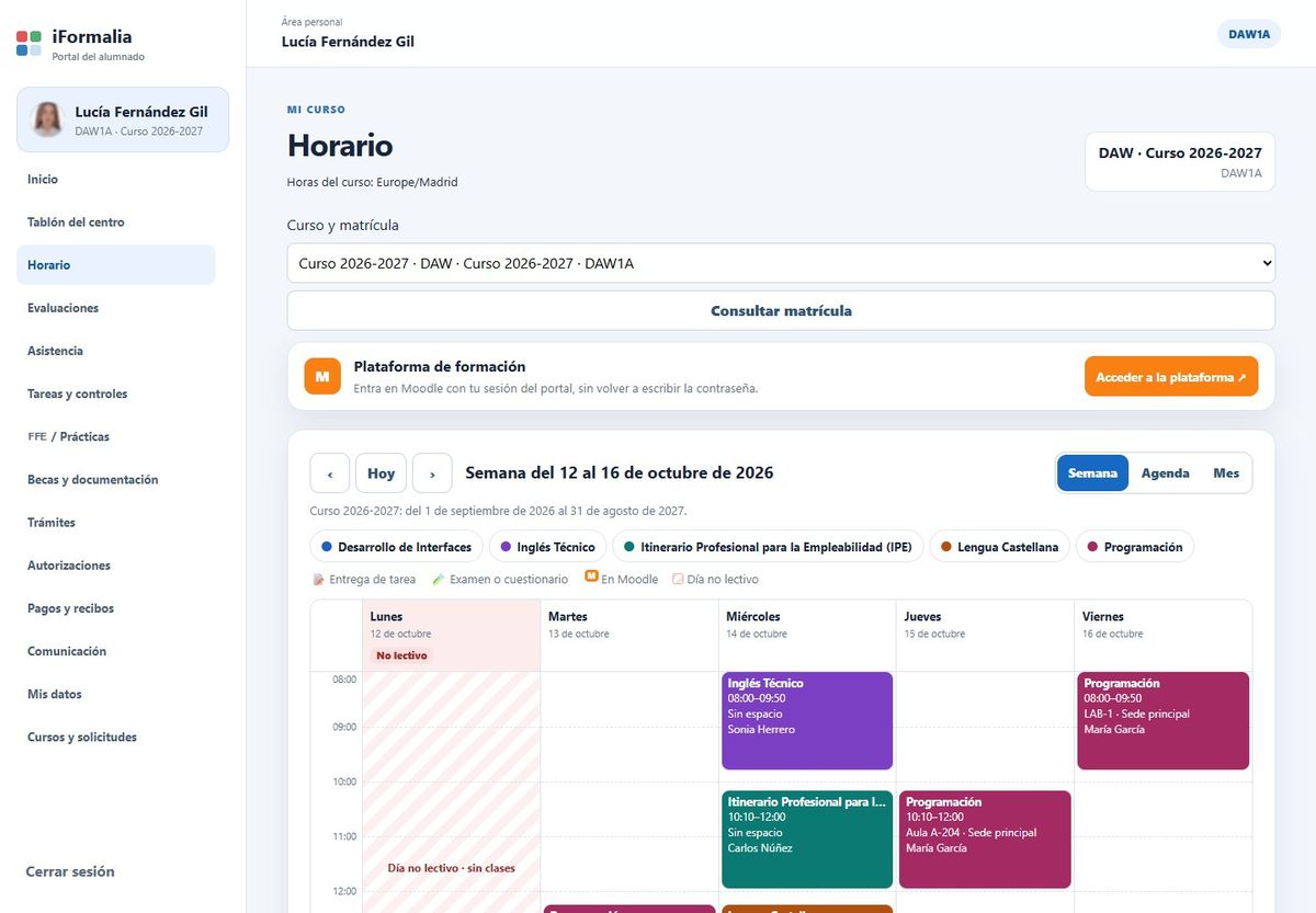 Horario semanal del alumno con sus módulos, aulas y docentes
