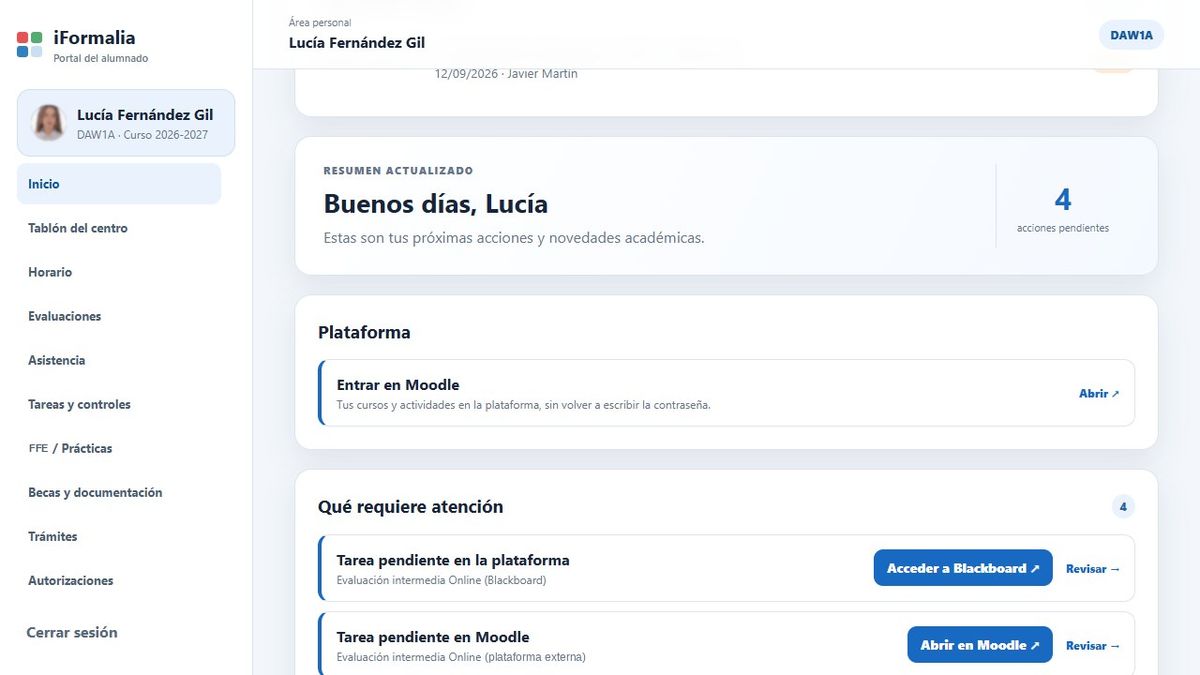 Portada del portal del alumnado con las acciones pendientes y el menú completo