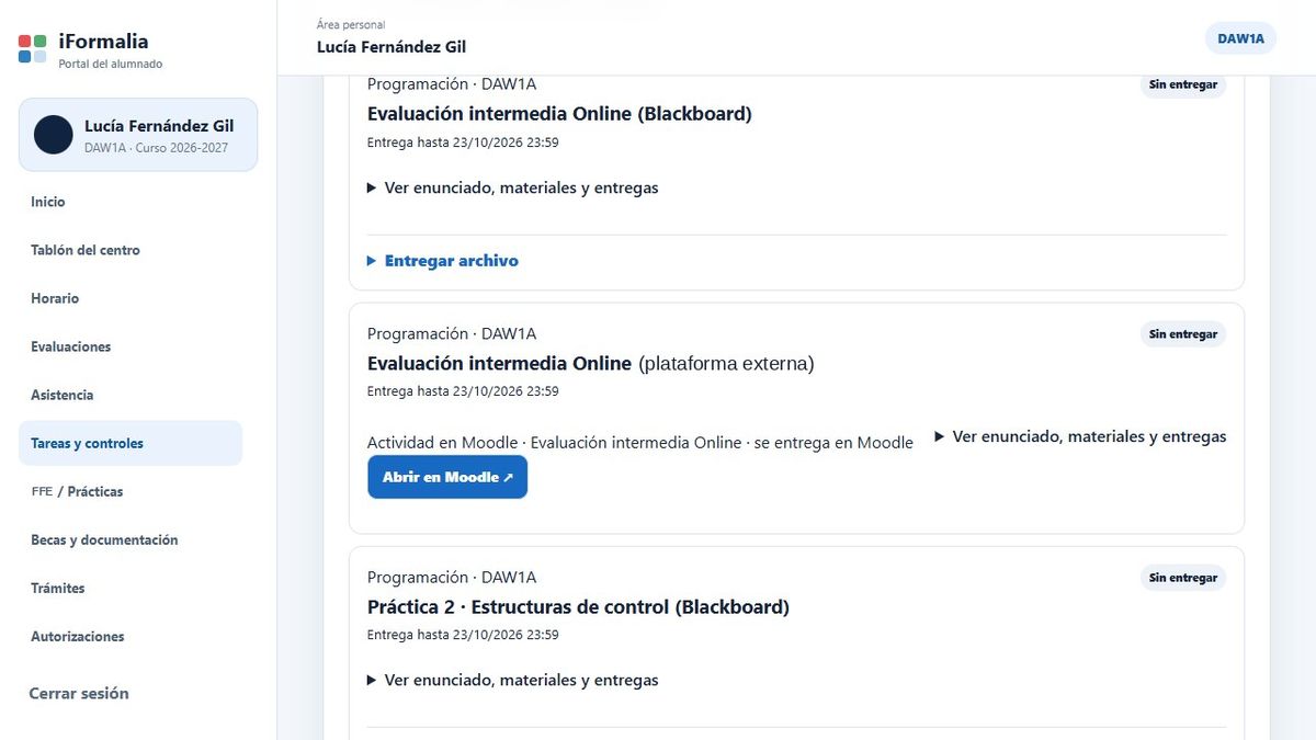 Tareas y controles del alumno, con sus fechas y su plataforma de entrega